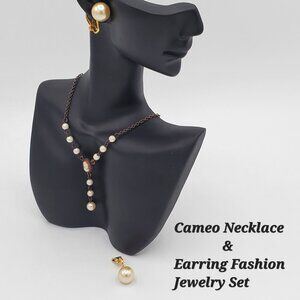 1928 Vintage Cameo & Faux Pearl Necklace AND Earring Fashion Jewelry Set